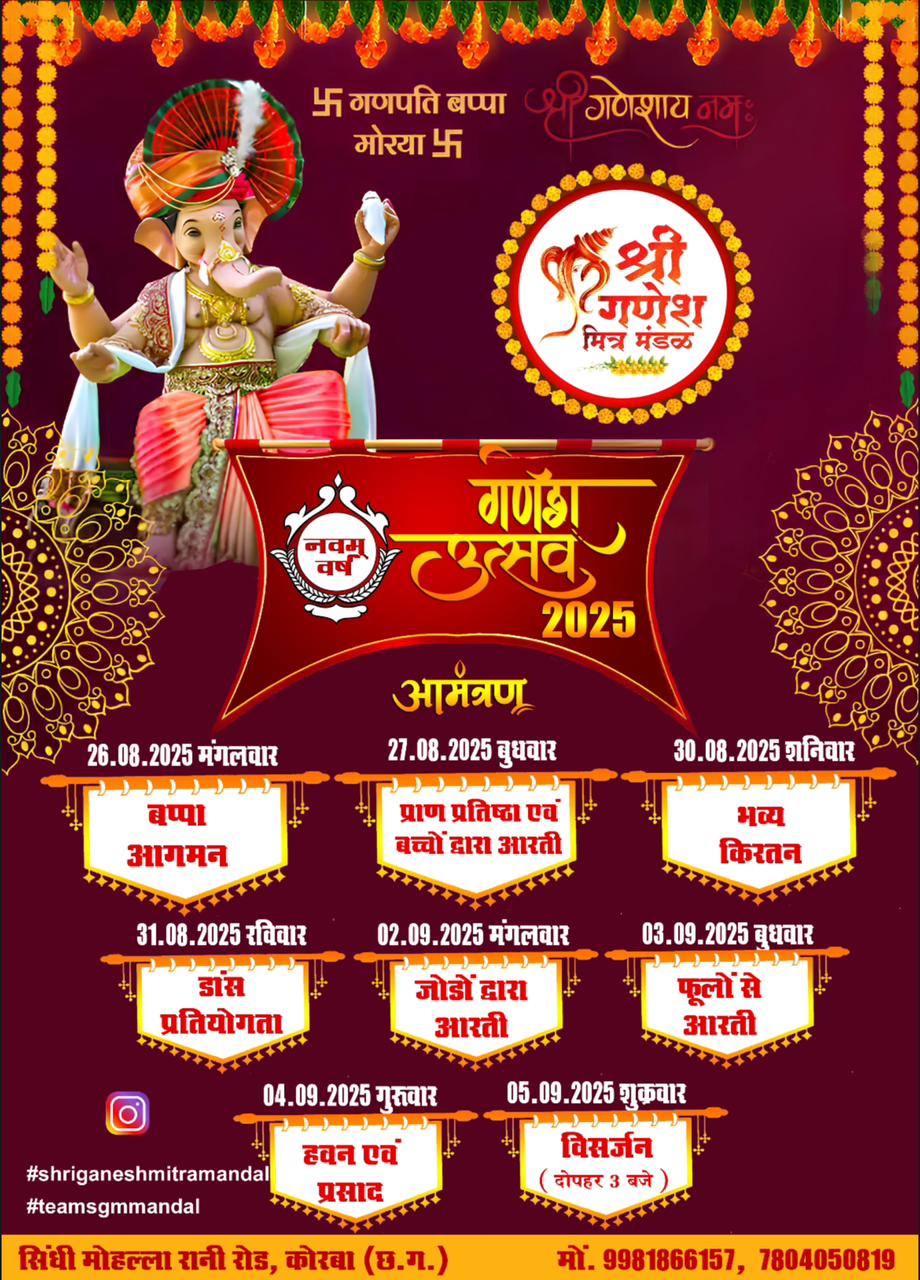 गणेश उत्सव 2025: श्री गणेश मित्र मंडल का आयोजन 9वें वर्ष में प्रवेश, कोरबा में भव्य कार्यक्रमों की श्रृंखला